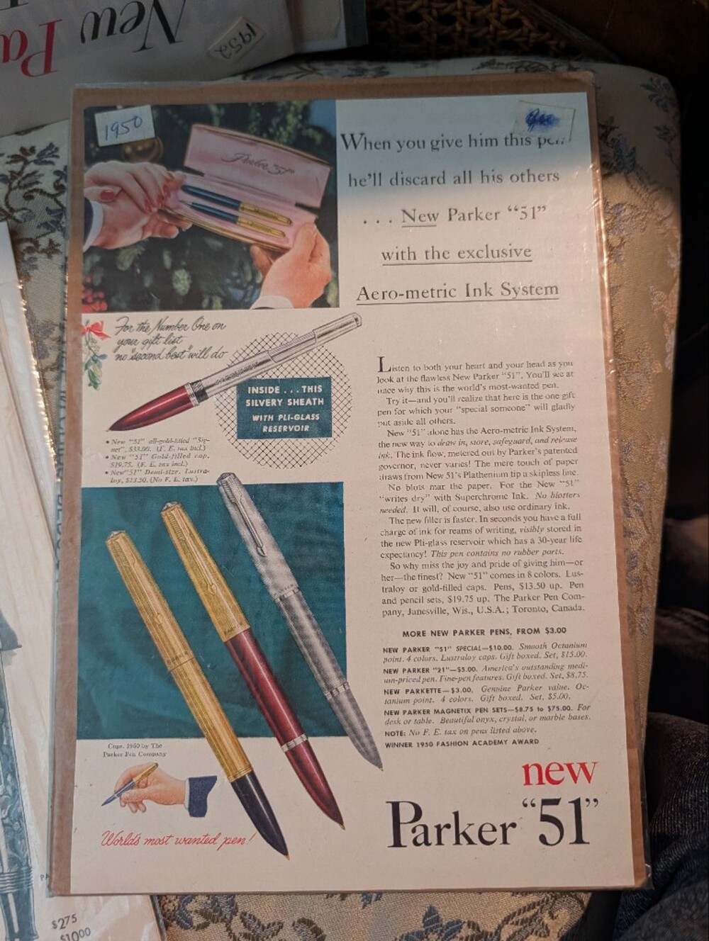 Parker 51 Vintage Ad Print Featuring Red, Gold, Silver Pens